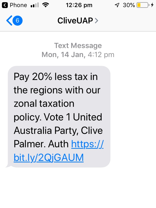 Text sent to voters from the United Australia Party