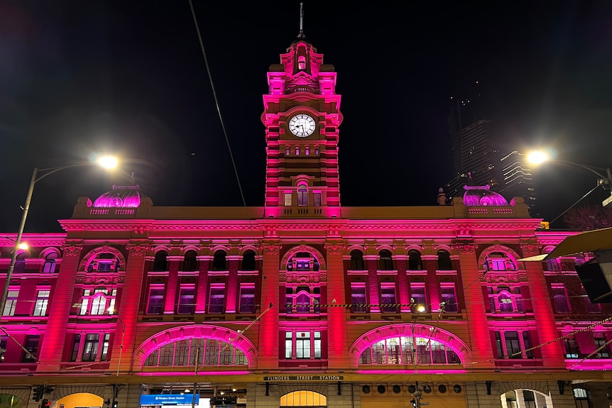 Buildings in Melbourne bathed in a pink light