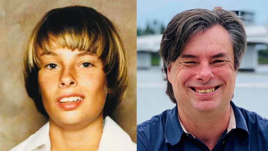 Image of teenage schoolboy on left and current image of same person aged 50 on right 