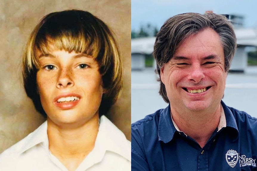 Image of teenage school boy on left and current image of same person aged 50-years of age on right. 