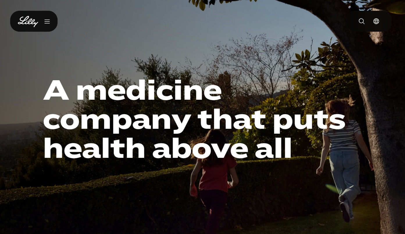 A screenshot of the Eli Lilly website that says 'a medicine company that puts health above all'