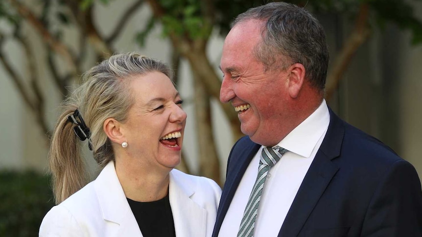 A woman and man standing in a courtyard looking at each other laughing