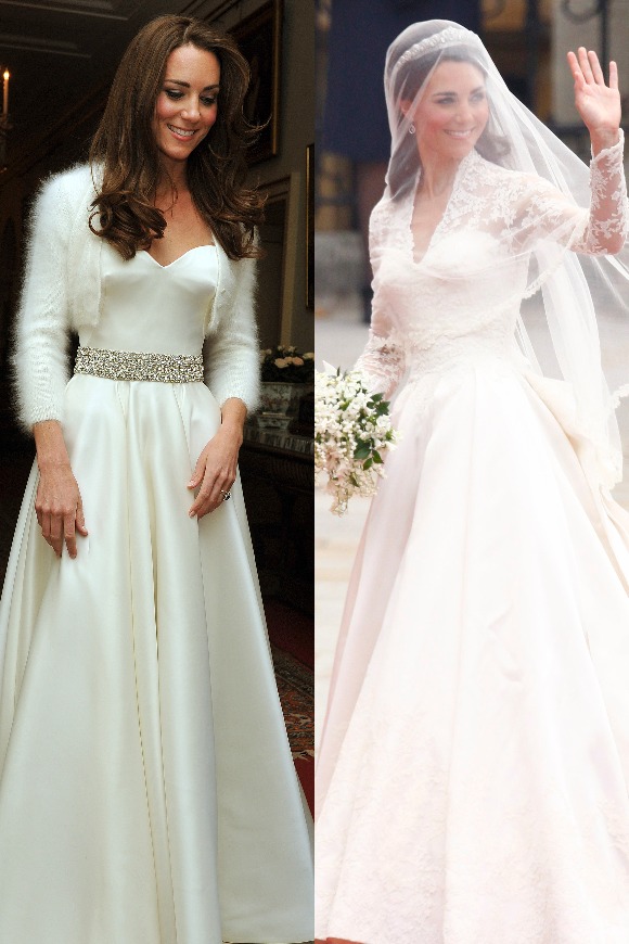 A photo of Kate's evening gown compared to her wedding dress, which have the same silhouettes 