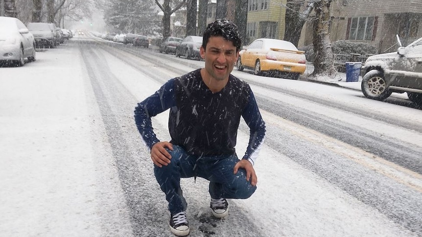 Shafiq Turi in the snow in New York.