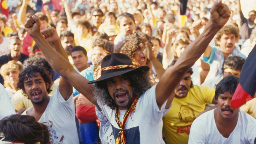 A crowd demonstrates for Aboriginal rights in 1988.