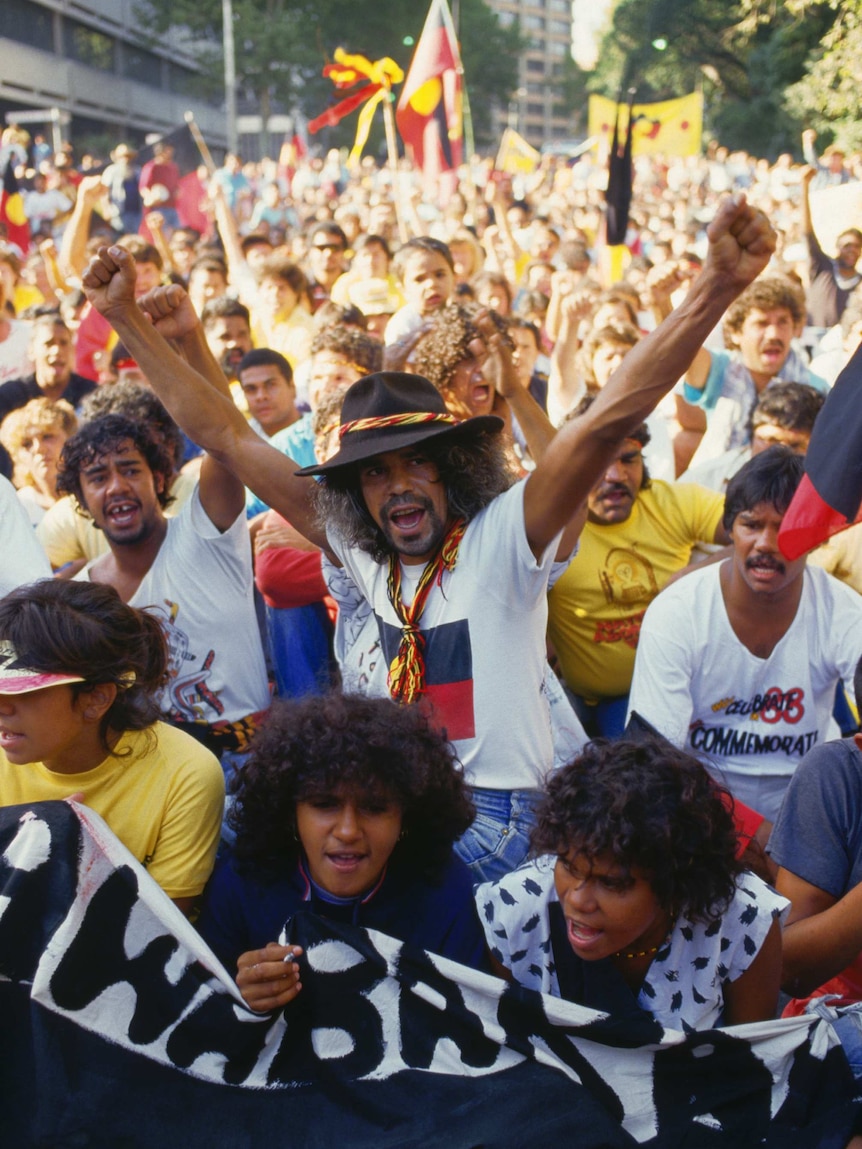 A crowd demonstrates for Aboriginal rights in 1988.