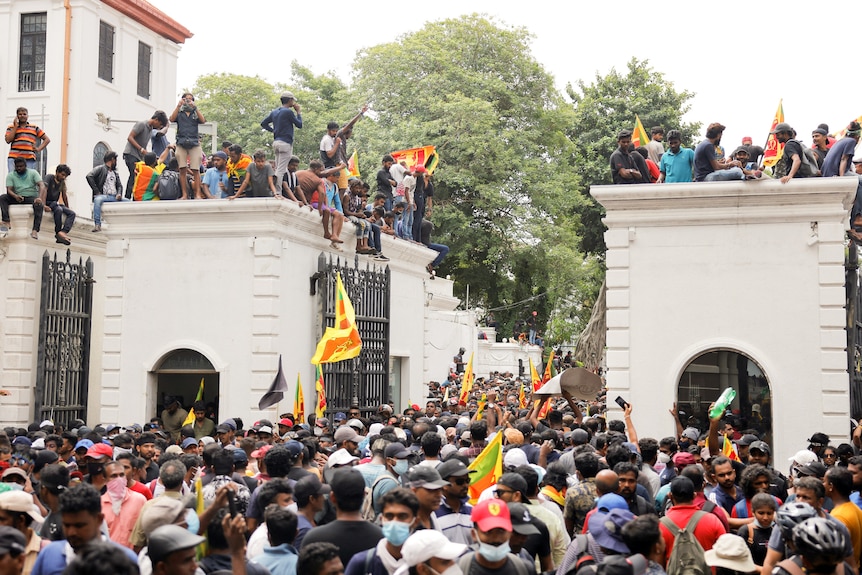 A crowd of people holding signs stand inside and oustide the gates of a palace and also on the two walls either side.