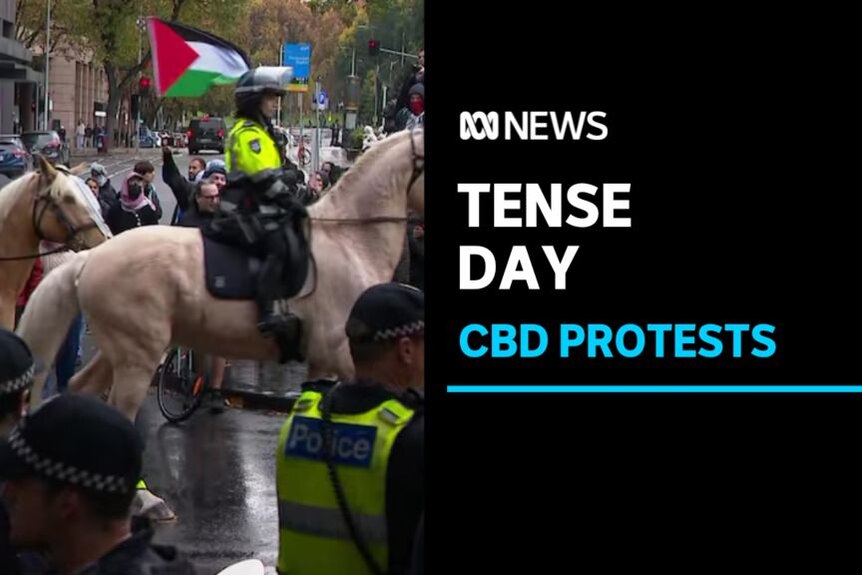 Tense Day, CBD Protests: Police on horseback patrol a city street. A man waves a Palestinian flag in the background.
