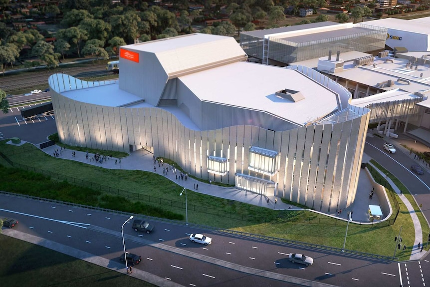 An artist's impression of The Sydney Coliseum, a big new white building.
