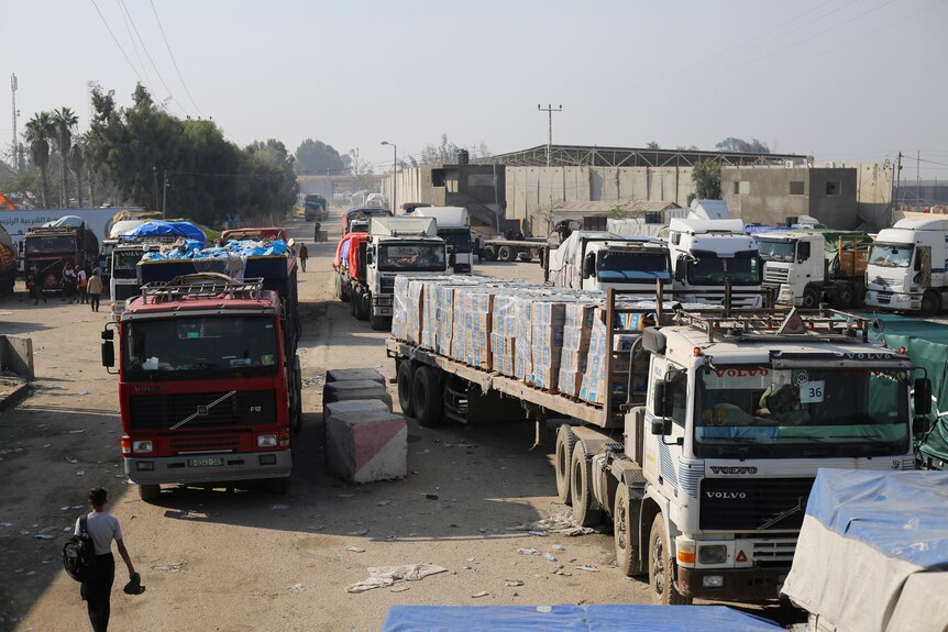 Humanitarian aid trucks lined up. 