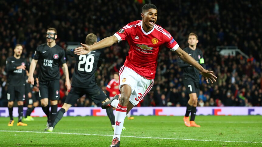 Marcus Rashford celebrates a goal for Manchester United against FC Midtjylland in the Europa League.