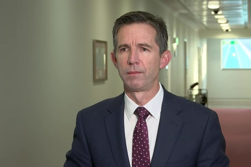 Simon Birmingham looks off-camera standing in a corridor at Parliament House.