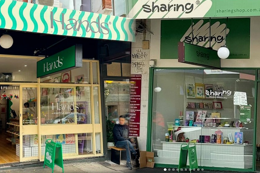two photos of two stores with green branding, set next to each other
