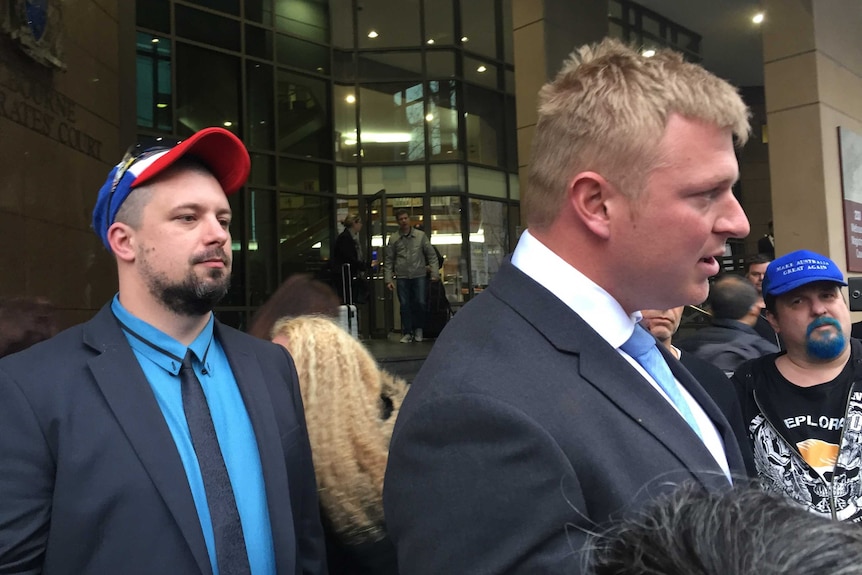 Neil Erikson and Blair Cottrell leave the Melbourne Magistrates' Court.