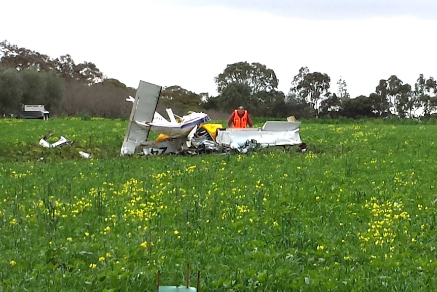 An investigator checks the wreckage after a light plane crashed into a Barossa Valley paddock. Two men died.