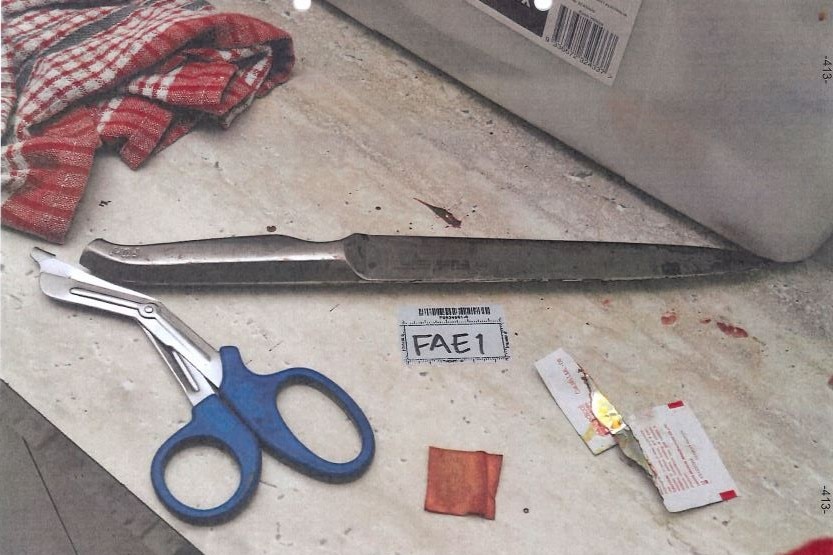 A bloodied knife sitting on a bench.