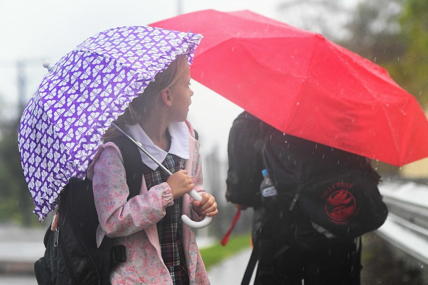 School children hold umbrellas on the gold coast.