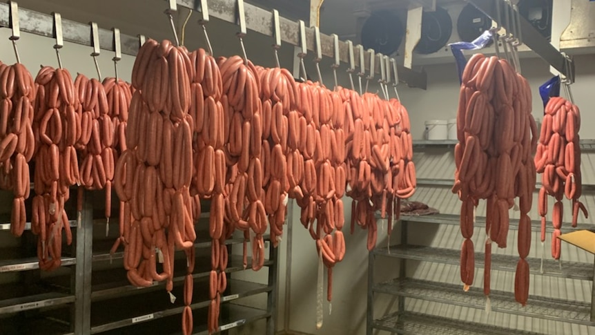 Sausages hanging in an abattoir freezer.
