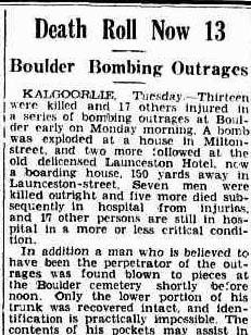 Image of a Daily News report from 1942, describing the death toll from a bombing in Boulder, Western Australia