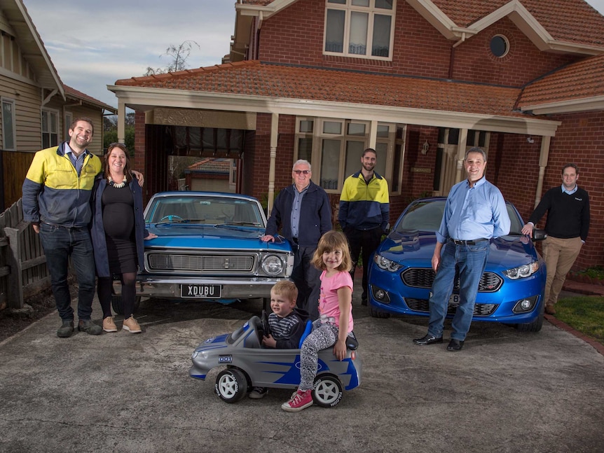 Suzanne McConchie with her family and their Ford cars
