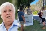 A composite of an older man with white hair, and tradies standing outside a resort gate.