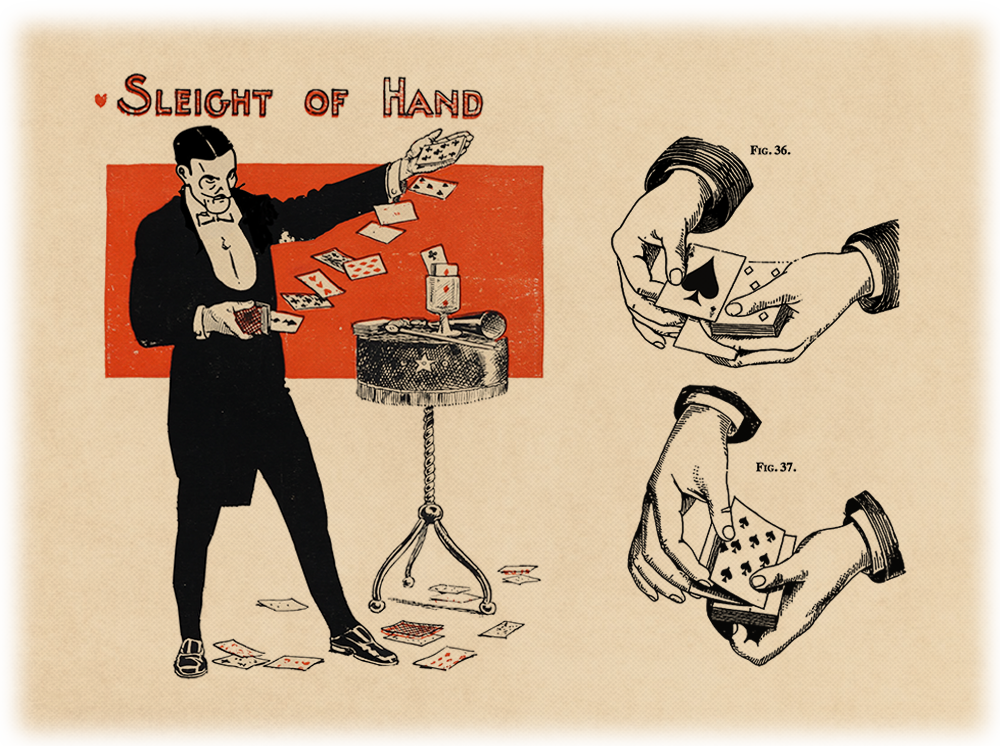 A stylised illustration of a magician performing a card tick and close-ups of hands holding cards.