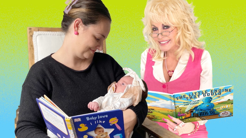 a woman reads a book to her baby with dolly parton looking over them