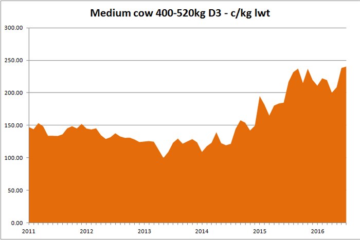 2011 to 2016 c/kg live weight price graphic for medium cows