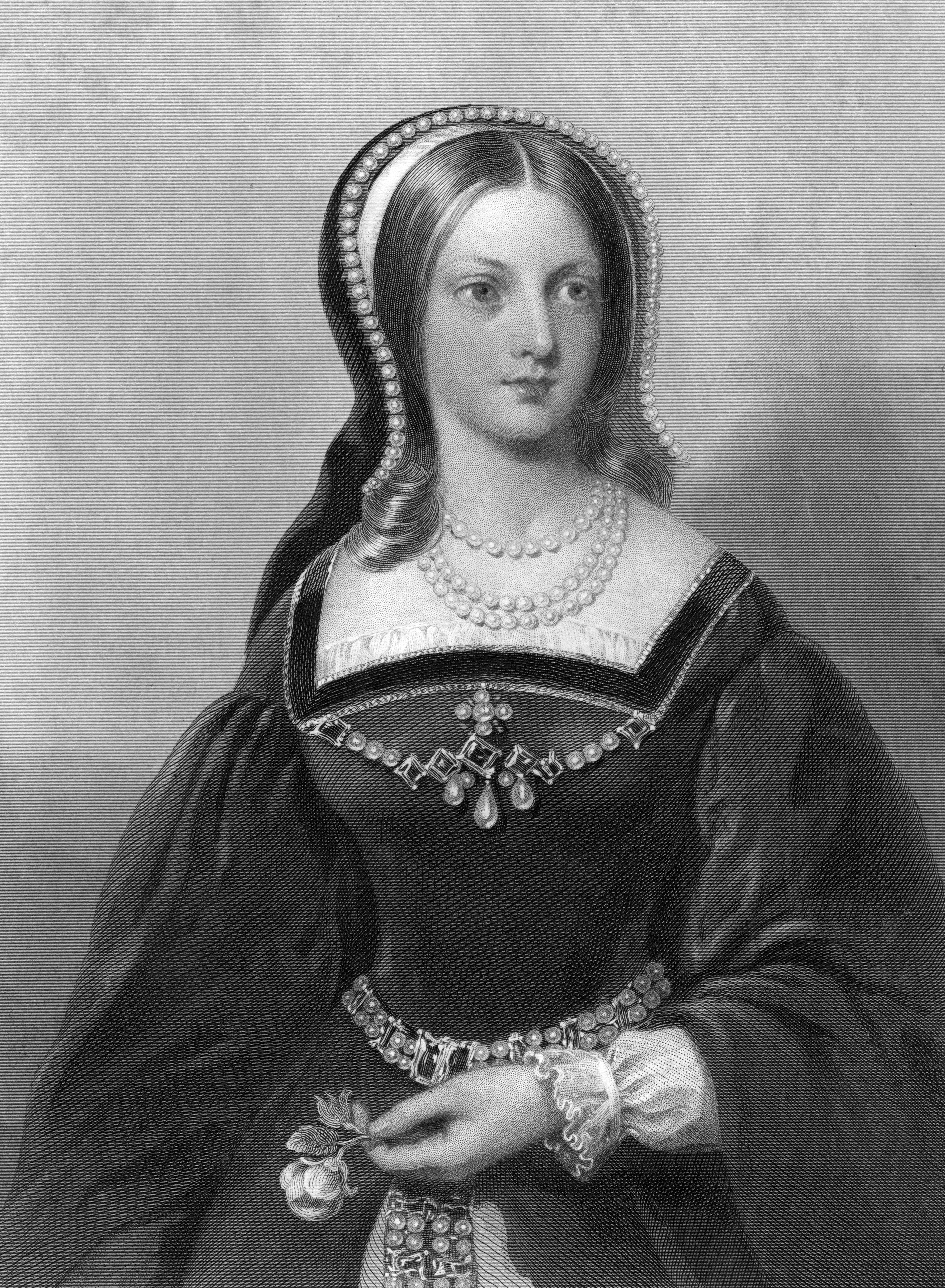 A black and white portrait shows a young woman wearing pearls around her neck and thick gown with hood