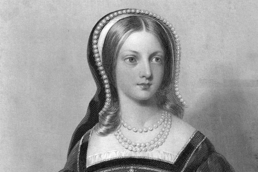 A black and white portrait shows a young woman wearing pearls around her neck and thick gown with hood
