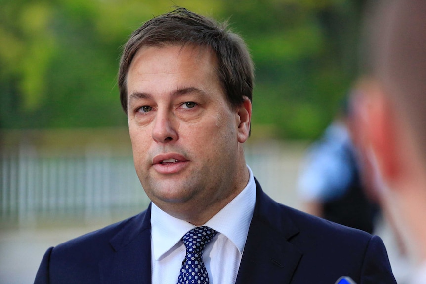 Jason Falinksi speaks to reporters outside Parliament House