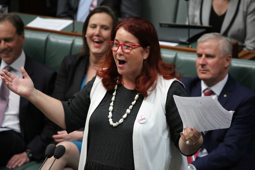 Ms Price gesticulates while standing at the despatch box. She's wearing bright red glasses and a badge which reads "I Care".