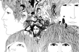 Part of the album cover for The Beatles record Revolver, featuring a collage of black and white drawings of the band members.