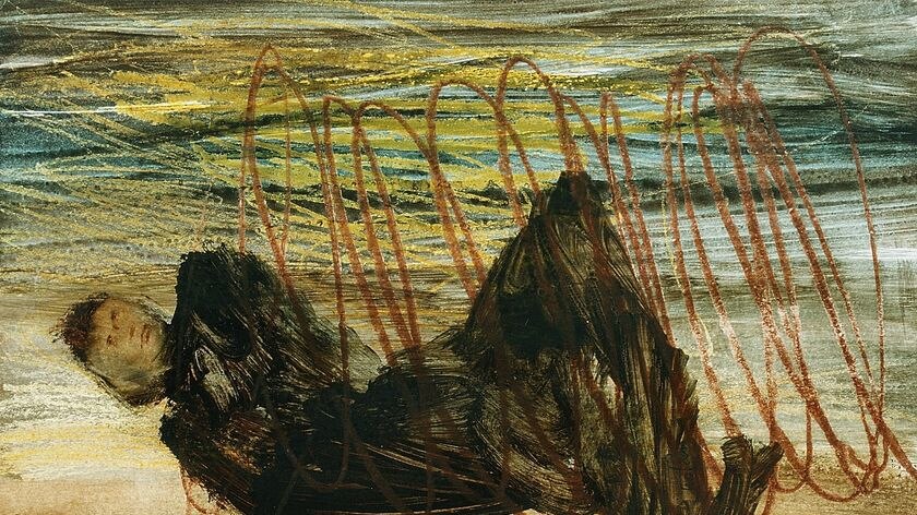 This Sidney Nolan painting from 1960 depicts a Gallipoli soldier entangled in barbed wire.