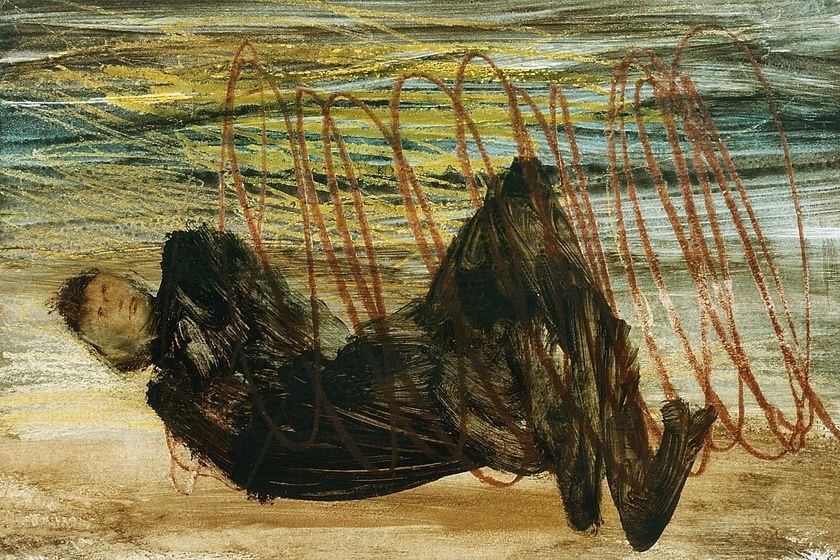 This Sidney Nolan painting from 1960 depicts a Gallipoli soldier entangled in barbed wire.