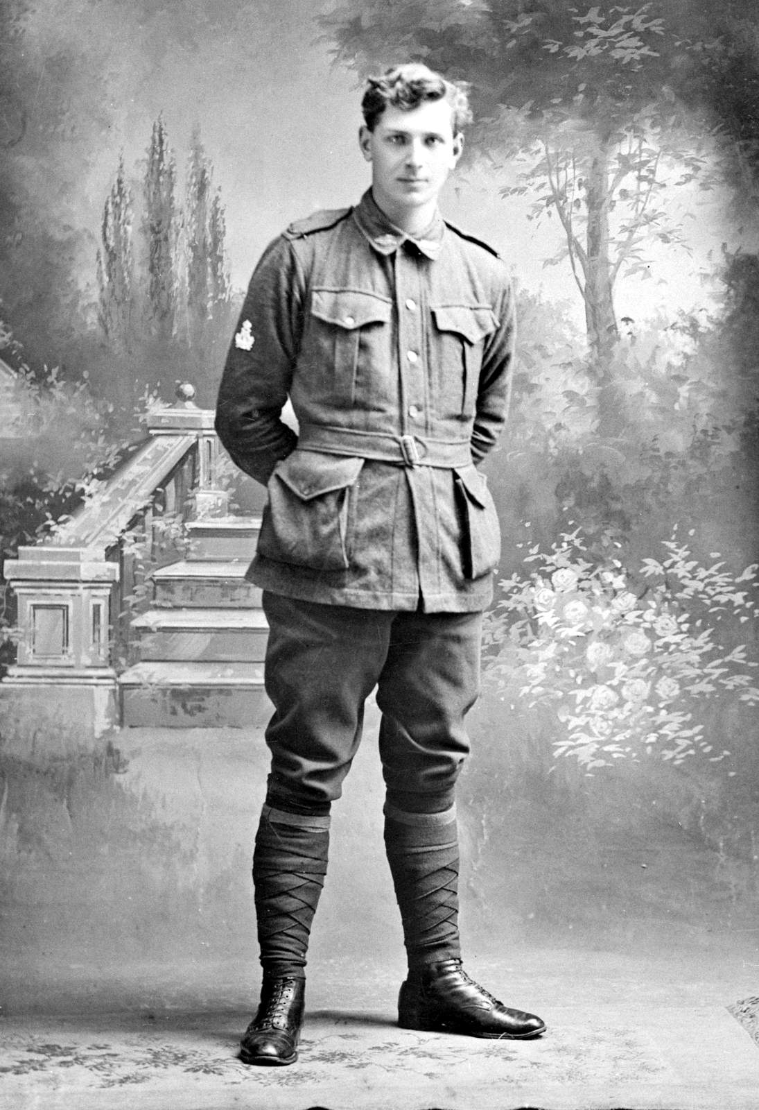 Studio portrait of 20178 Private (later Bombardier (Bdr)) Mervyn Napier Waller, of Hawthorn, Vic. 1915-16.
