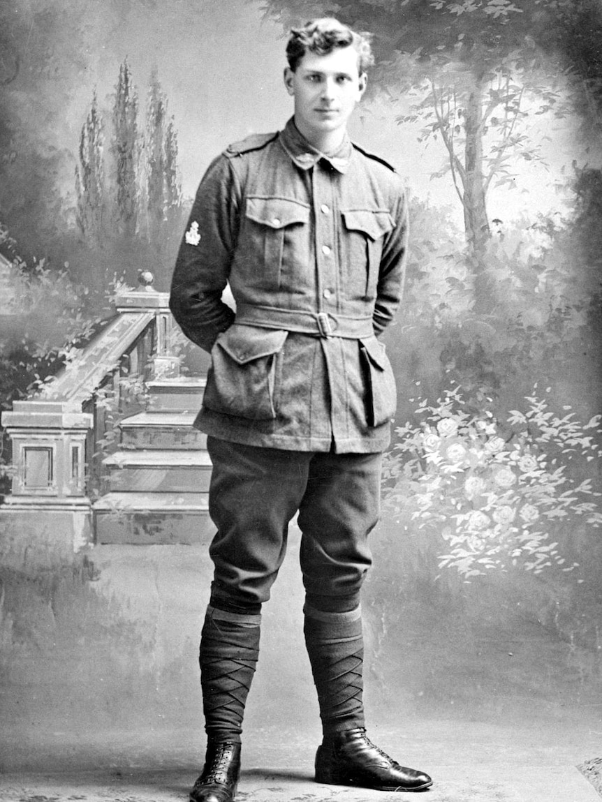 Studio portrait of 20178 Private (later Bombardier (Bdr)) Mervyn Napier Waller, of Hawthorn, Vic. 1915-16.