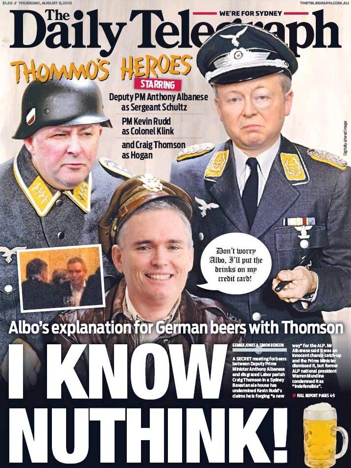 Front page of the Daily Telegraph showing Kevin Rudd as Colonel Klink from Hogan's Heroes.