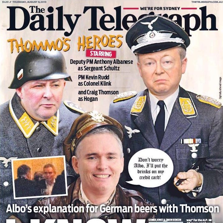 Front page of the Daily Telegraph showing Kevin Rudd as Colonel Klink from Hogan's Heroes.