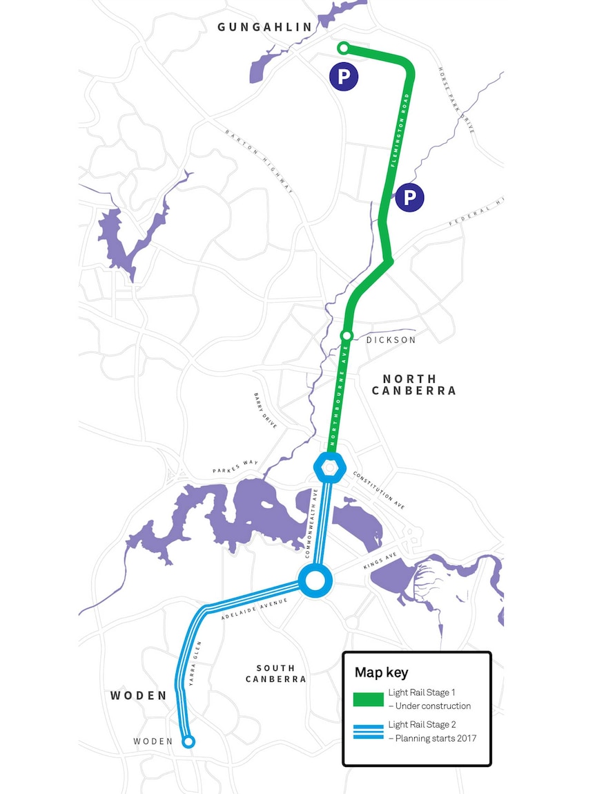 Map showing the first and second stage of Capital Metro in Canberra.