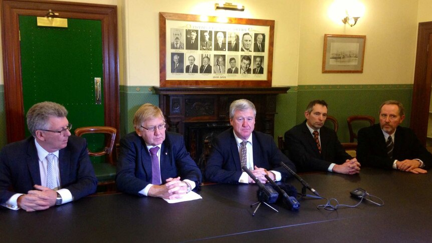 Martin Ferguson (second left) and Tasmanian Resources Minister Bryan Green (third left) announced a forest panel.