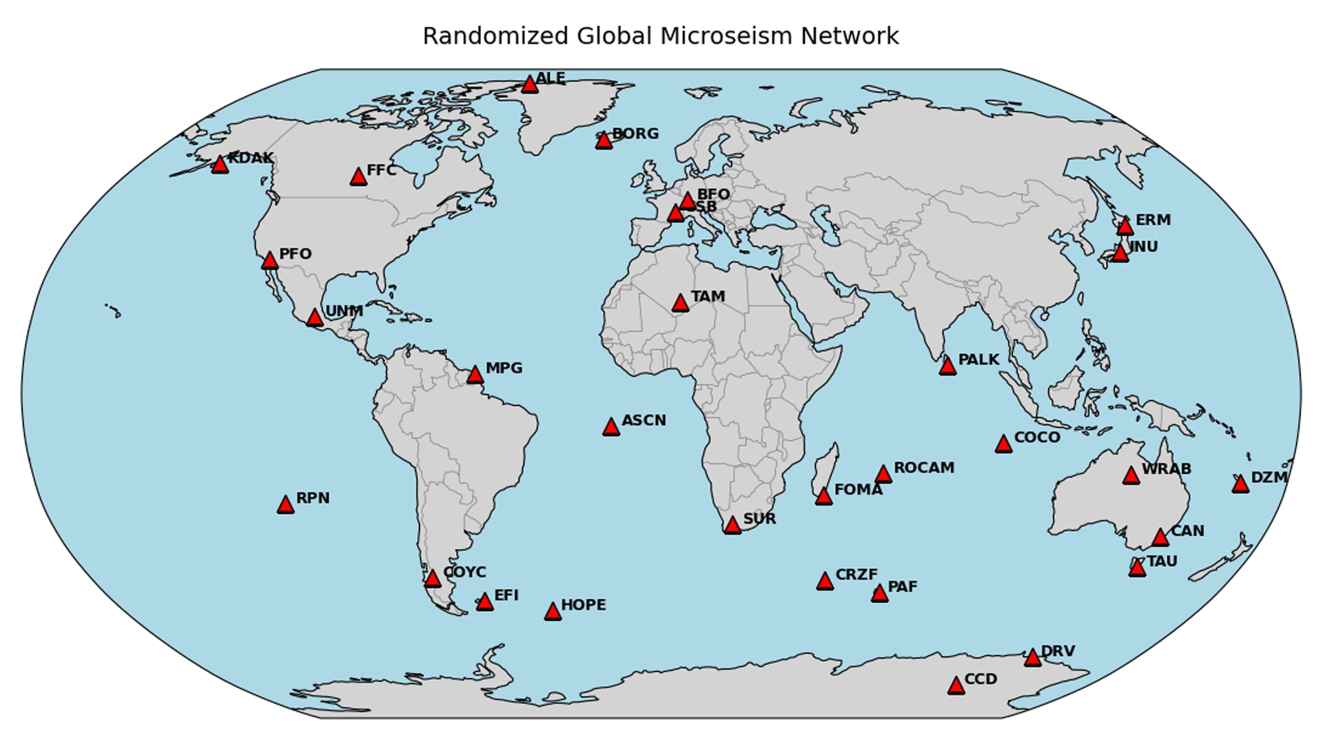 A graphic image of the world with red markers showing the different places used to capture the earths hum