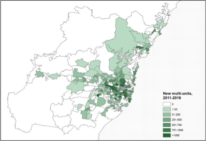 A map showing the changes in multi-unit developments across greater Sydney.