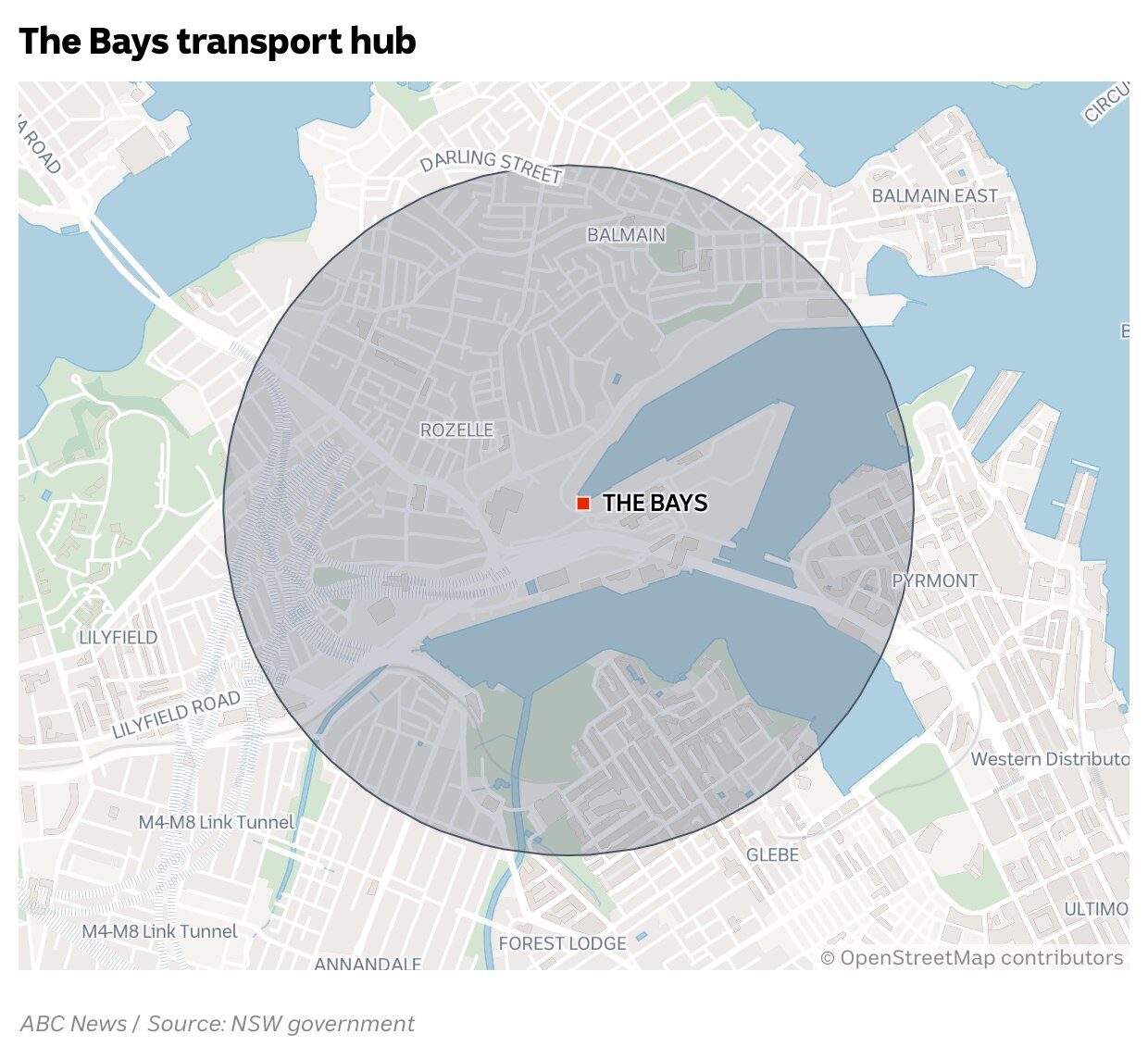 Map showing 1200m zone around The Bays station.