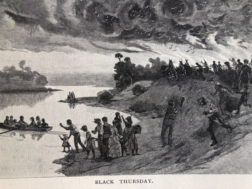 A black and white illustration of people fleeing on boats from a bushfire.
