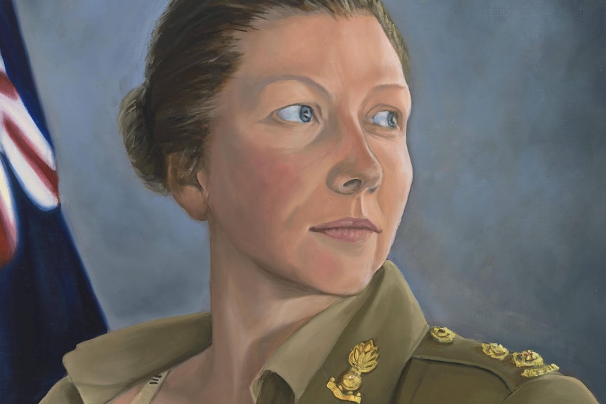 A painting of a servicewoman in uniform breastfeeding.