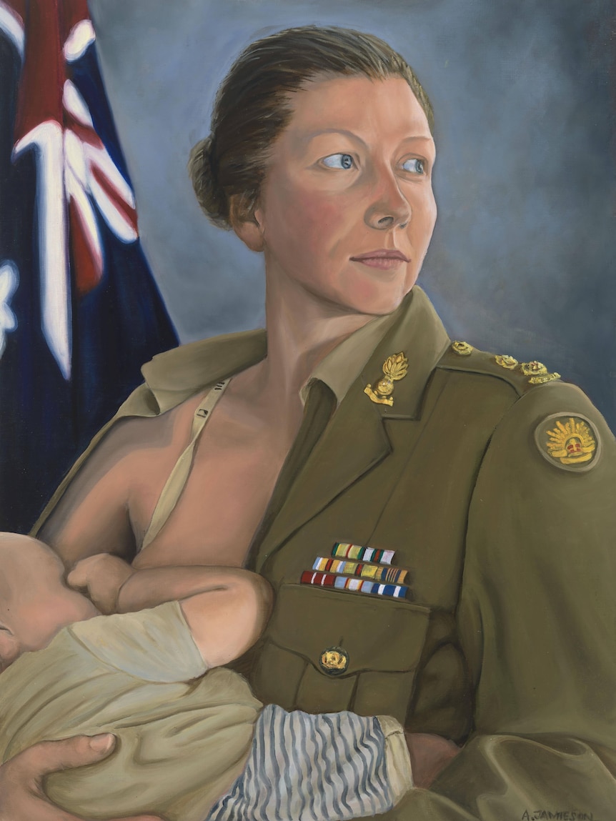 A painting of a servicewoman in uniform breastfeeding.