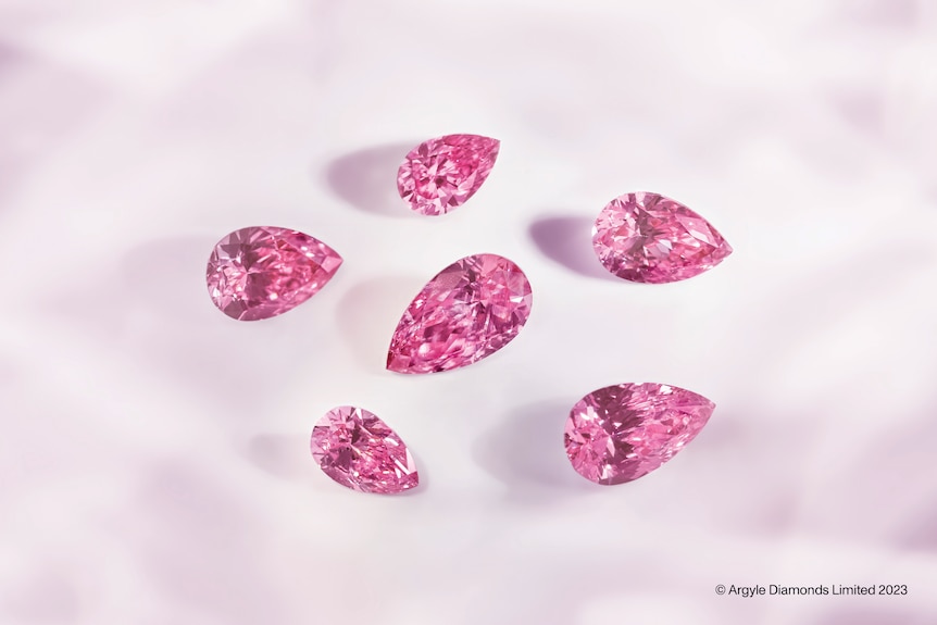 Six teardrop Pink Argyle Diamonds are scattered near each other