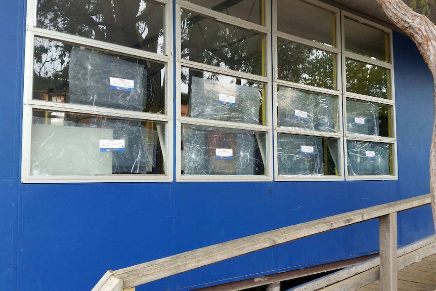 A classroom at Eastern Hills Senior High School in Perth with windows smashed by vandals