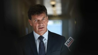 Federal government frontbencher Angus Taylor wears a suit and answers a question from a reporter.
